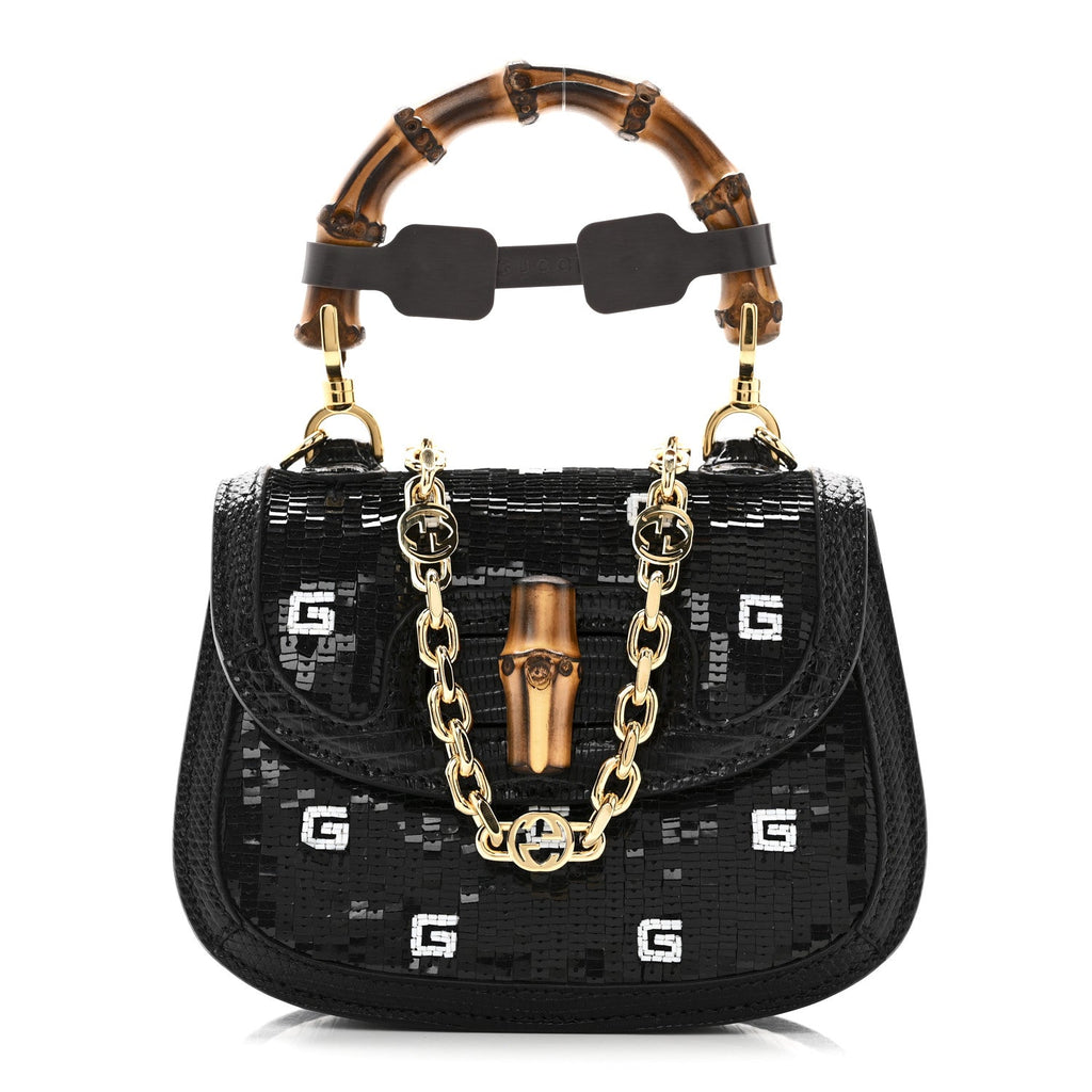 Sequin Lizard Embossed GG Mini Bamboo 1947 Top Handle Chain Bag Black White
