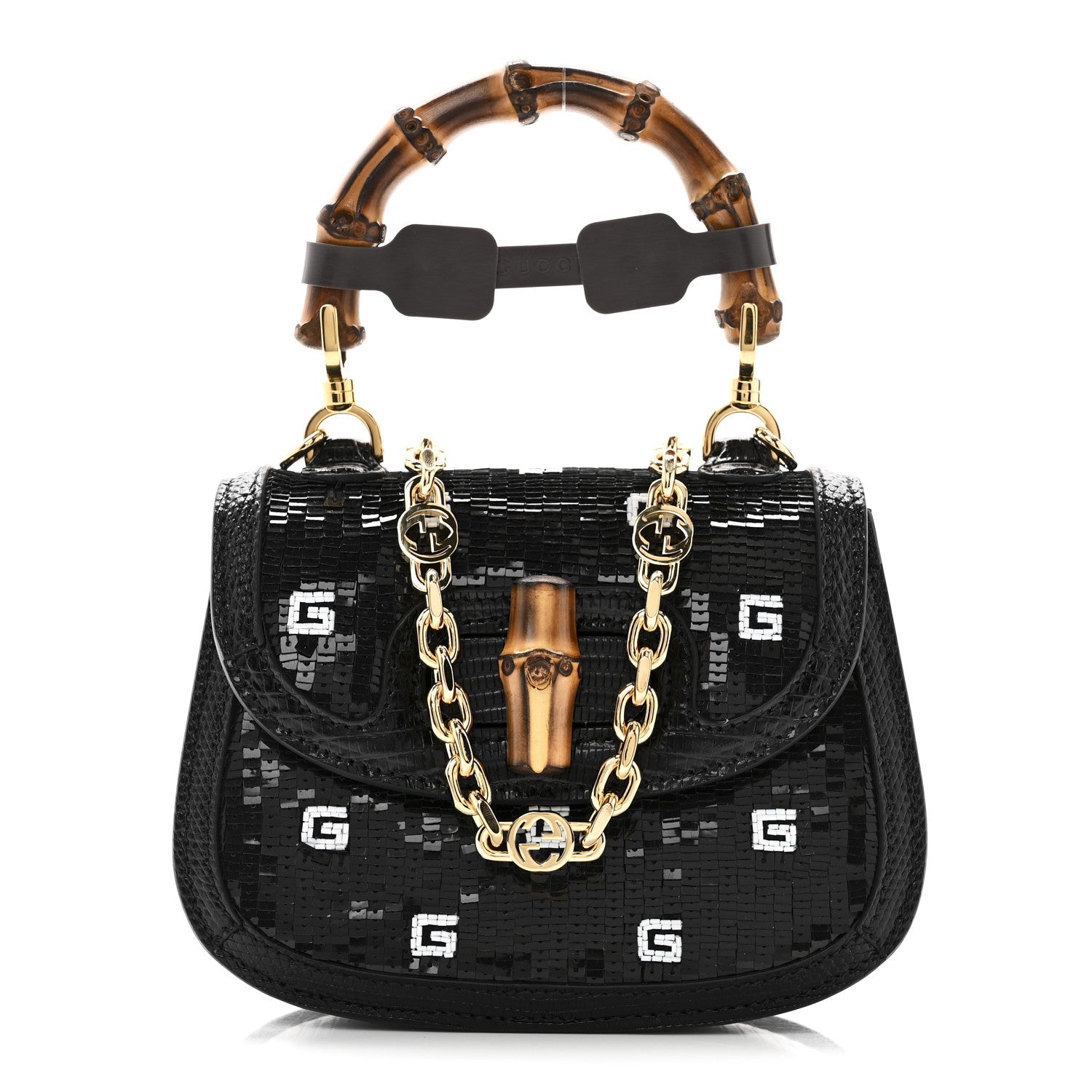 Sequin Lizard Embossed GG Mini Bamboo 1947 Top Handle Chain Bag Black White