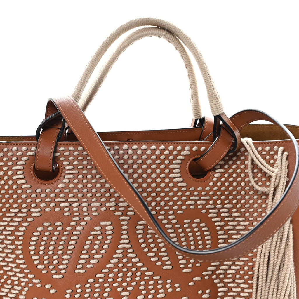 Smooth Calfskin Anagram Fringe Tote Tan