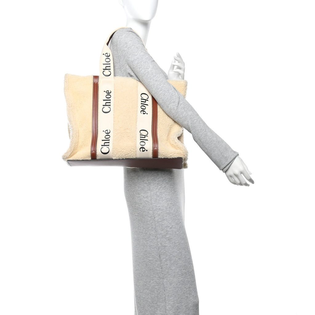 Shearling Calfskin Large Woody Ribbon Tote Mild Beige