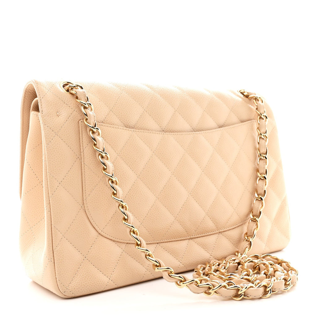 Caviar Quilted Jumbo Double Flap Beige