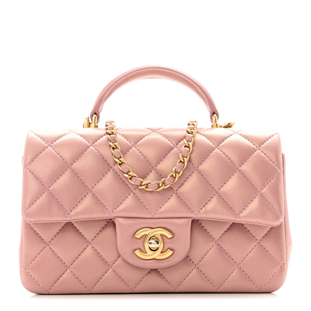 Iridescent Lambskin Quilted Mini Top Handle Rectangular Flap Pink