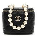 Lambskin Quilted Mini Vanity Case With Pearl Chain Black