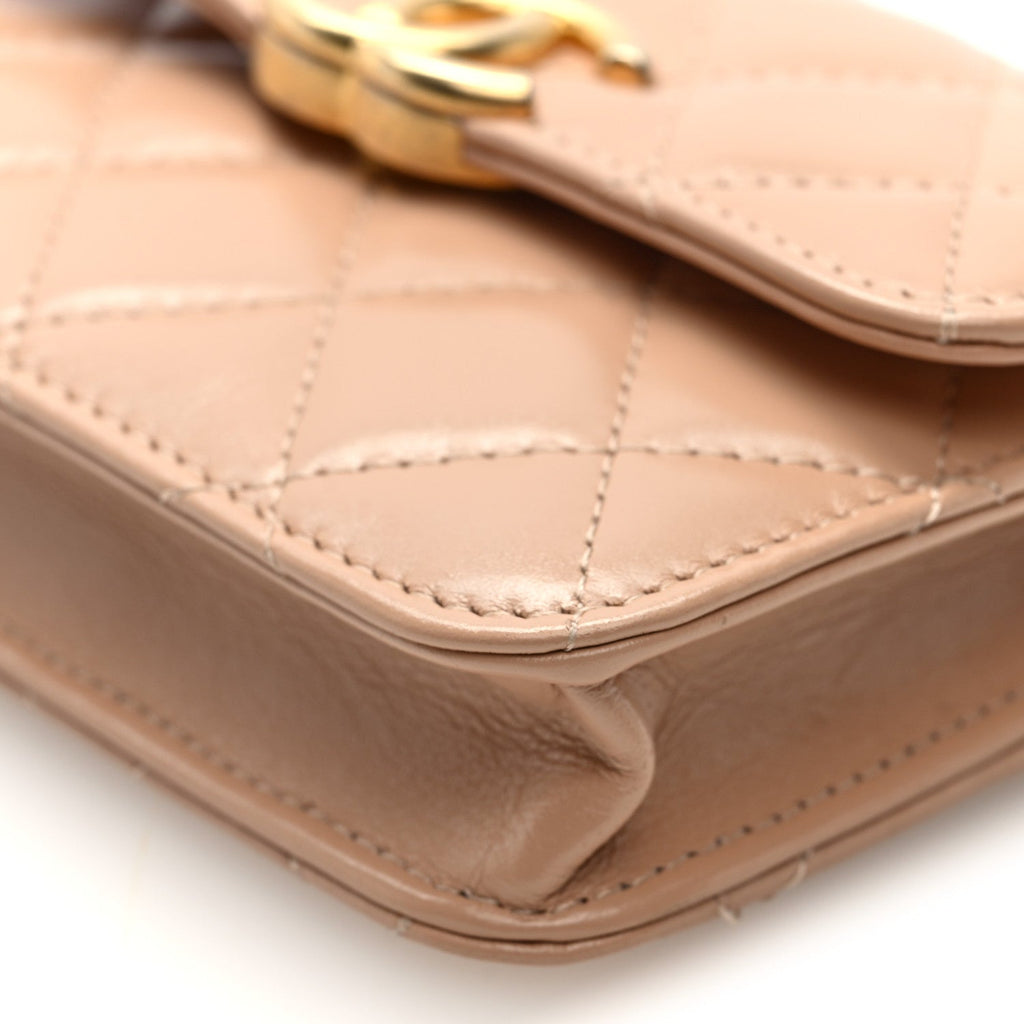 Calfskin Quilted Perfect Fit Coin Purse With Chain Beige