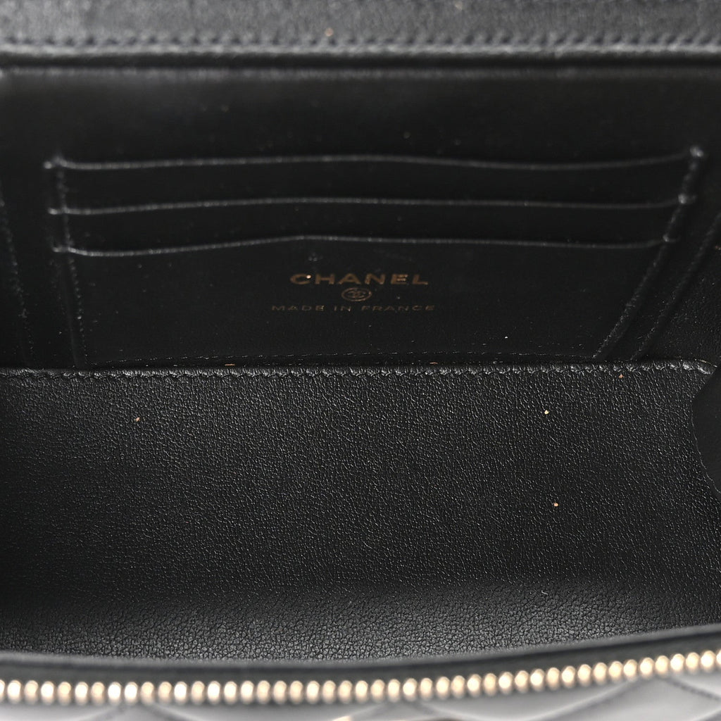 Lambskin Quilted Small Top Handle Vanity Case With Chain Black