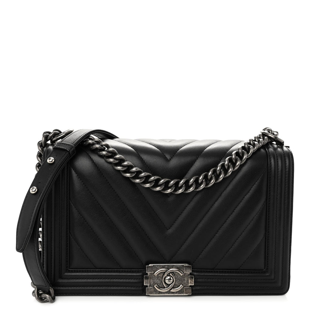 Calfskin Chevron Quilted New Medium Boy Flap Black