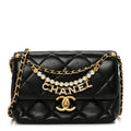 Shiny Lambskin Quilted Mini Pearl Logo Flap Black