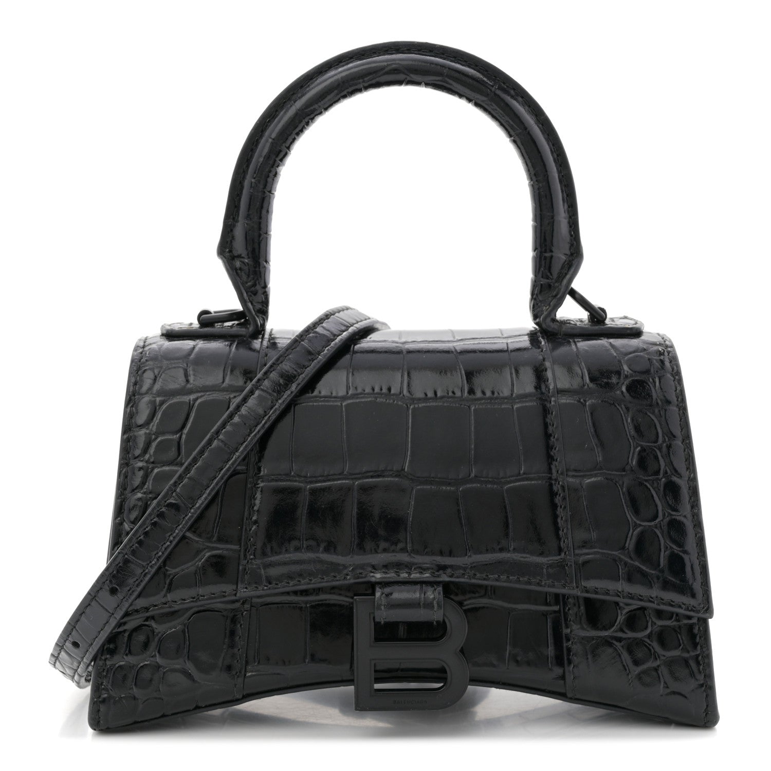 Shiny Calfskin Monochrome Crocodile Embossed Hourglass Top Handle Bag XS Black