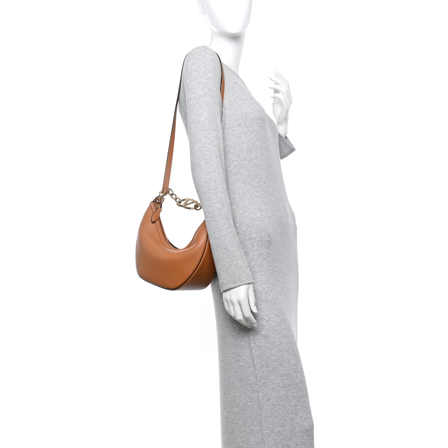 Grainy Calfskin Small Vlogo Moon Hobo Bag Saddle Brown