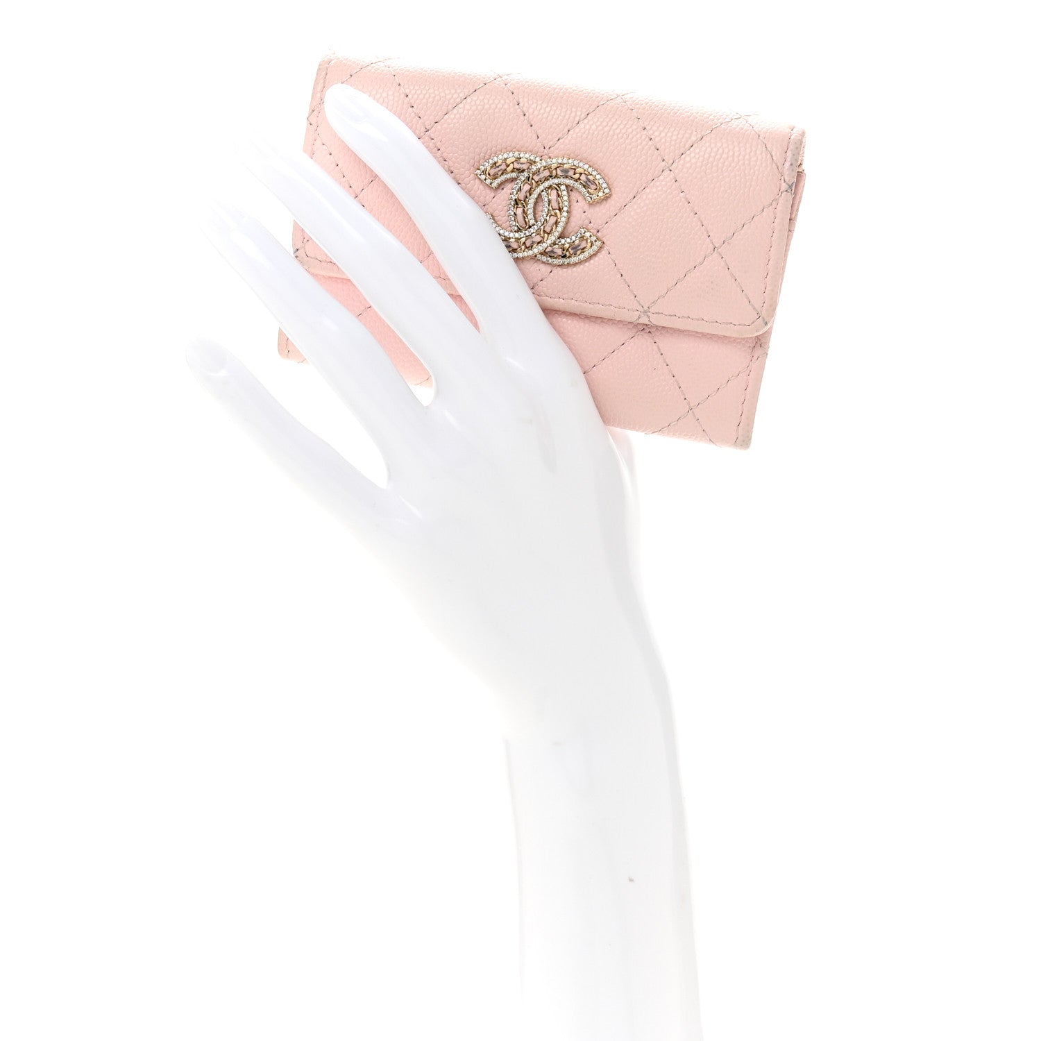 Caviar Quilted Crystal CC Flap  Holder Pink