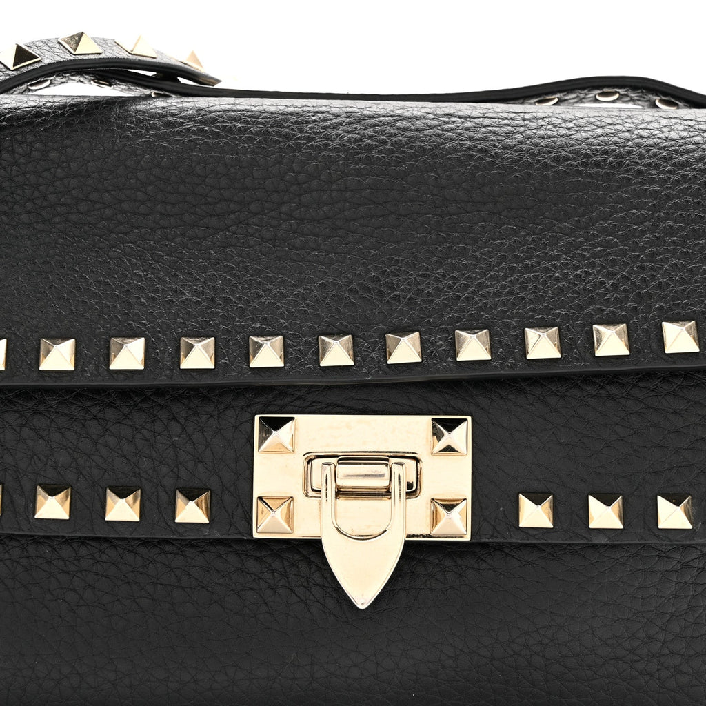 Grainy Calfskin Rockstud Double Flap Crossbody Bag Black