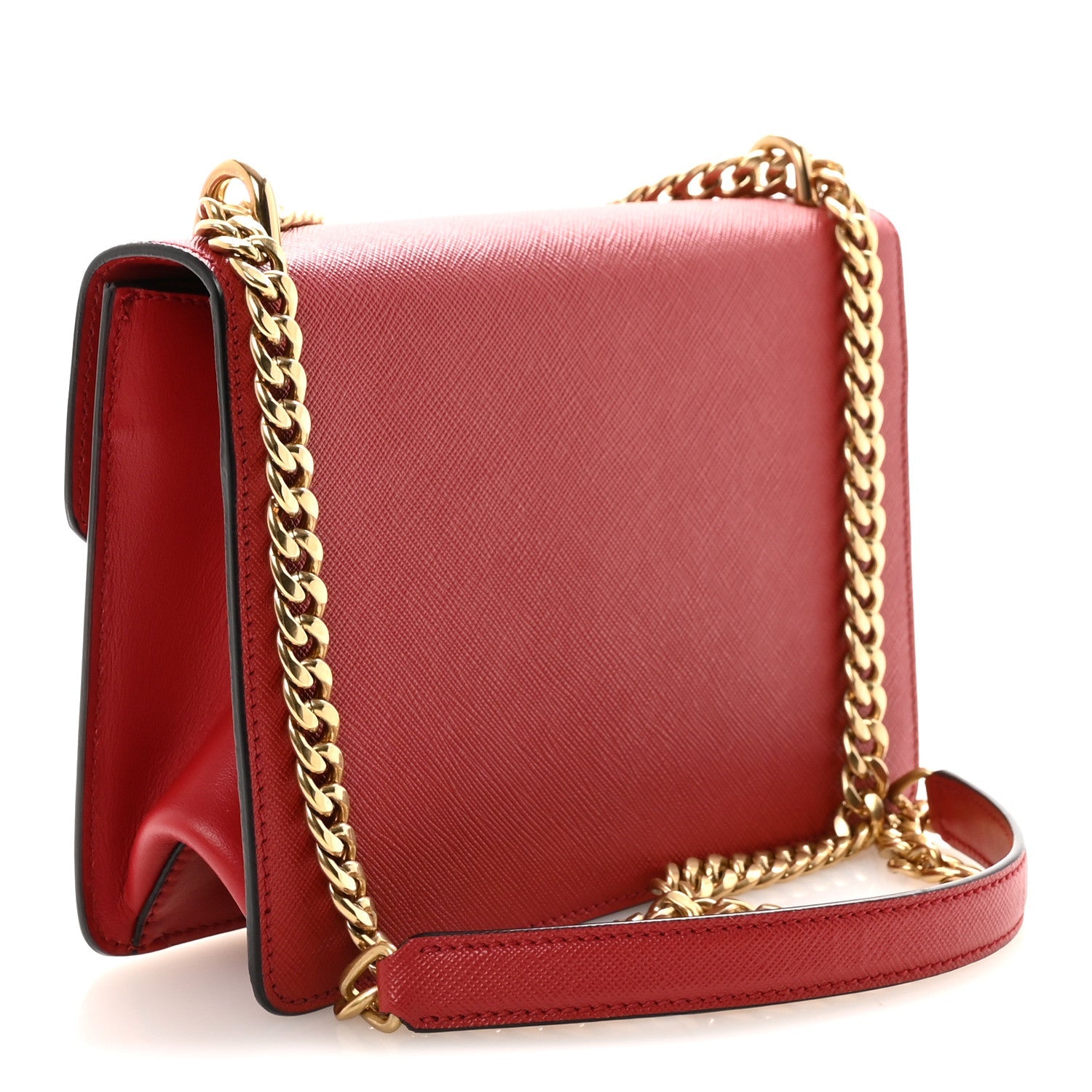 Saffiano Soft Calfskin Metal Triangle Logo Envelope Chain Shoulder Bag Fuoco