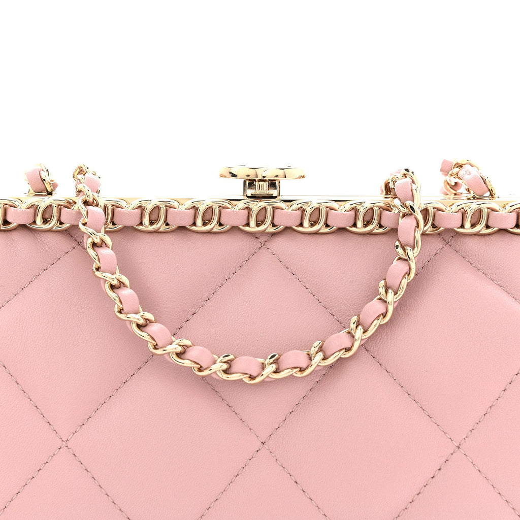 Lambskin Quilted Chain Frame Clutch Pink