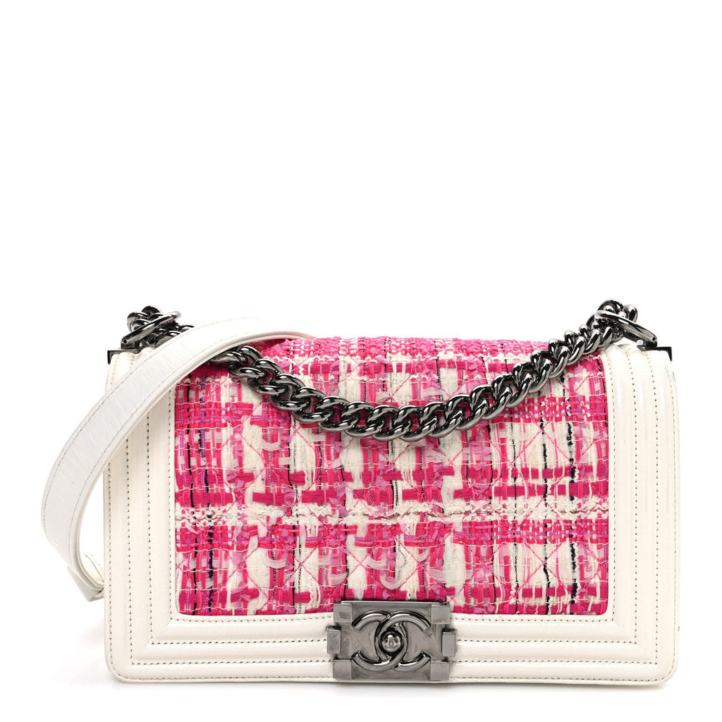 Patent Tweed Medium Boy Flap White