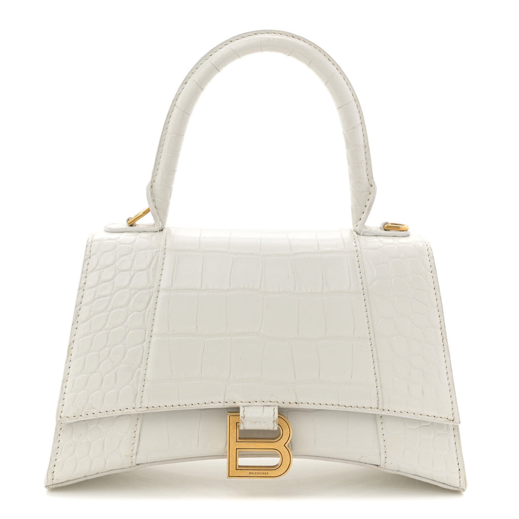 Calfskin Crocodile Embossed Small Hourglass Top Handle Bag White