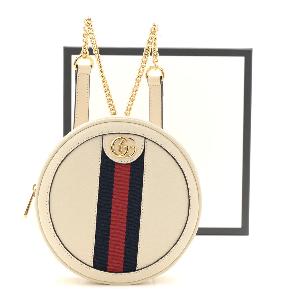 Textured Calfskin Web Mini Ophidia Round Backpack Mystic White