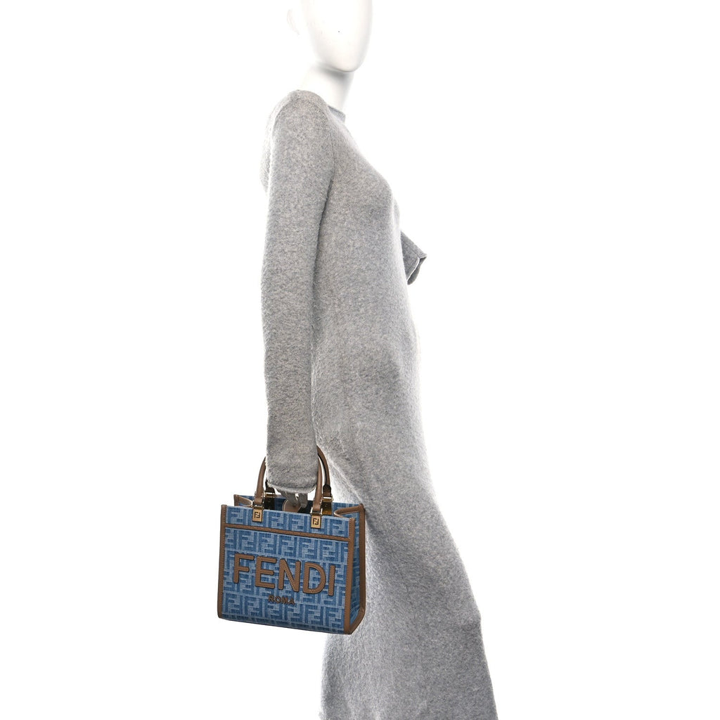 Denim Jacquard Vitello Grace FF 1974 Small Fendi Sunshine Shopper Tote Denim Sand