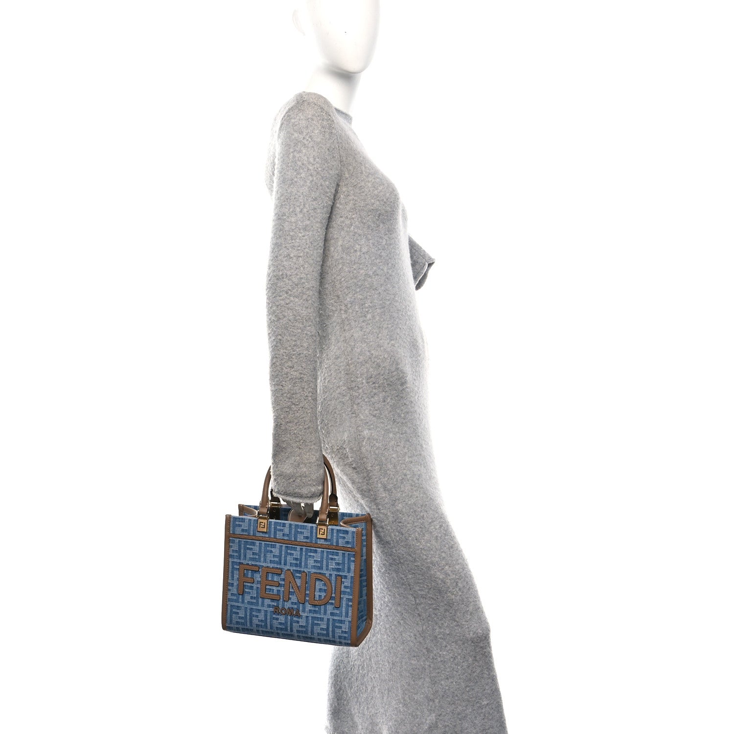 Denim Jacquard Vitello Grace FF 1974 Small Fendi Sunshine Shopper Tote Denim Sand