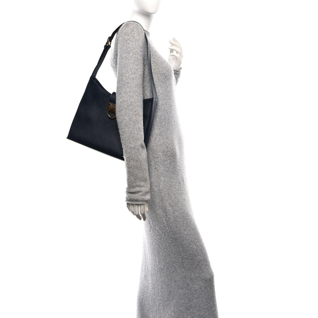 Hammered Calfskin Trifolio Shoulder Bag Navy