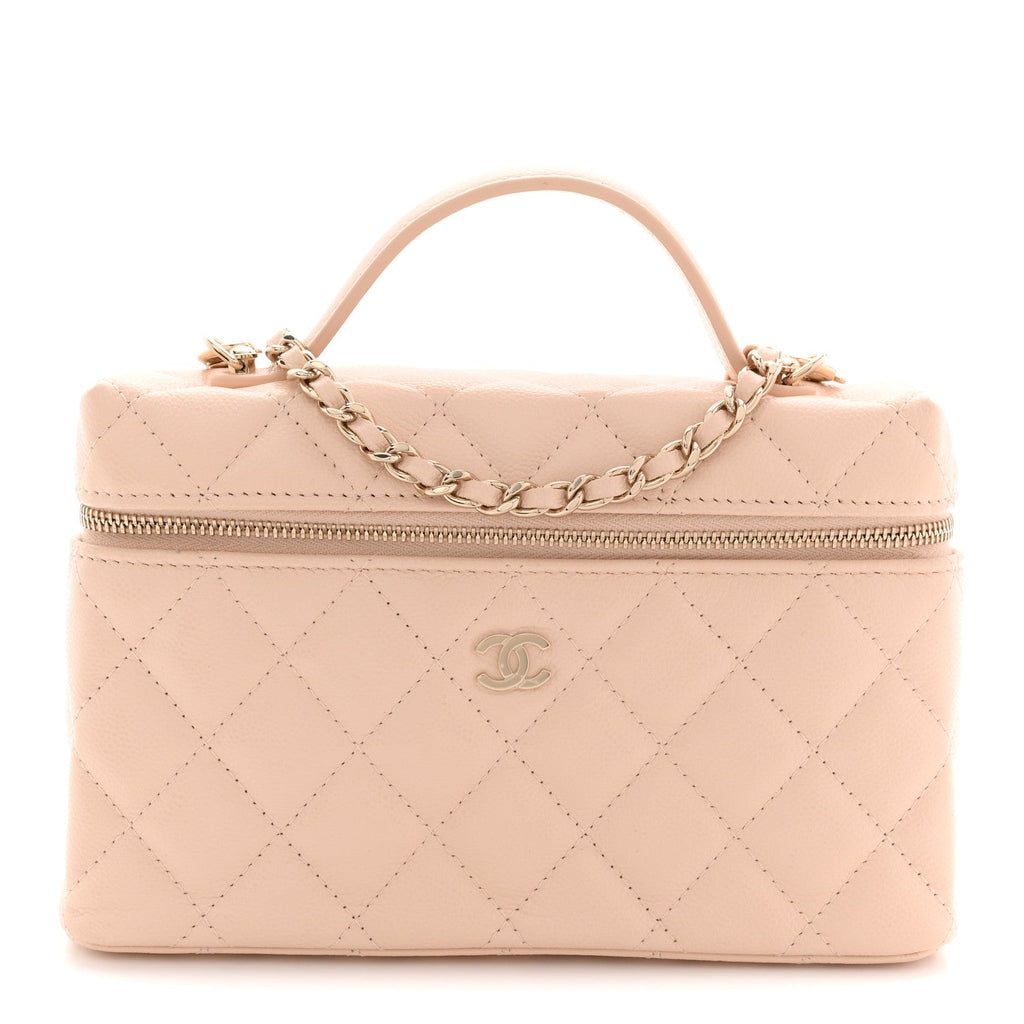 Caviar Quilted Top Handle Slim Vanity With Chain Beige