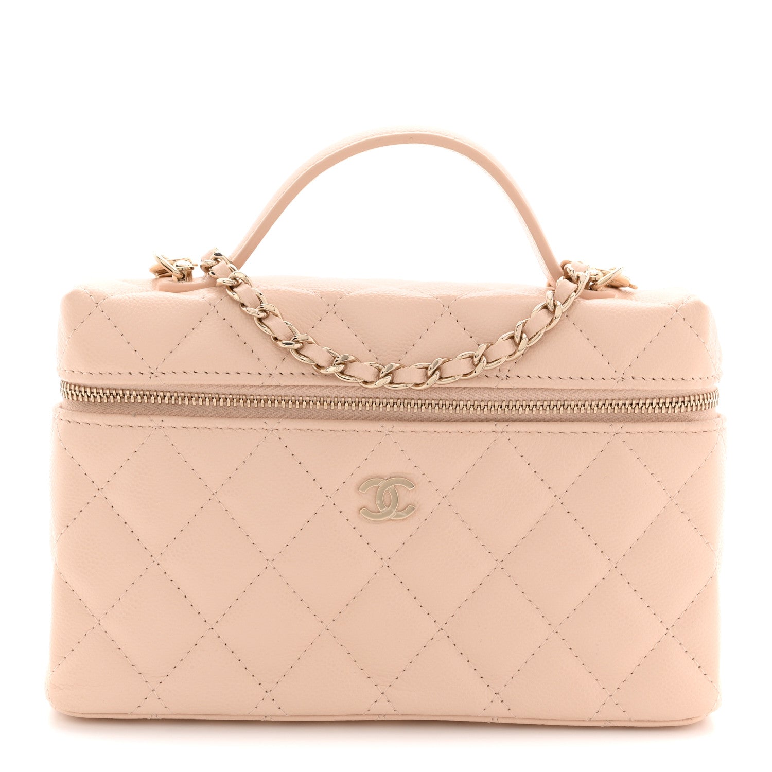 Caviar Quilted Top Handle Slim Vanity With Chain Beige
