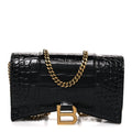 Shiny Calfskin Crocodile Embossed Hourglass Chain Bag Black