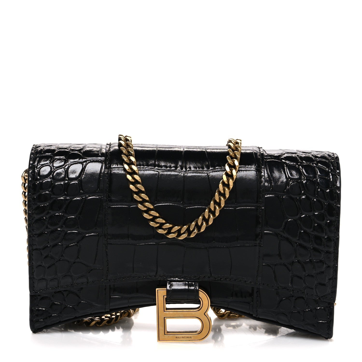Shiny Calfskin Crocodile Embossed Hourglass Chain Bag Black