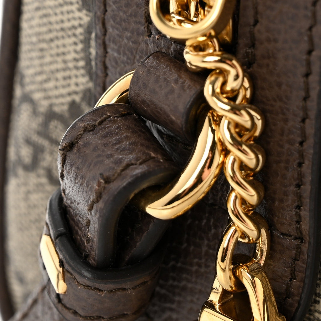 GG Supreme Monogram Textured Dollar Calfskin Web Super Mini Ophidia Top Handle Bowler Bag  Beige Ebony New Acero