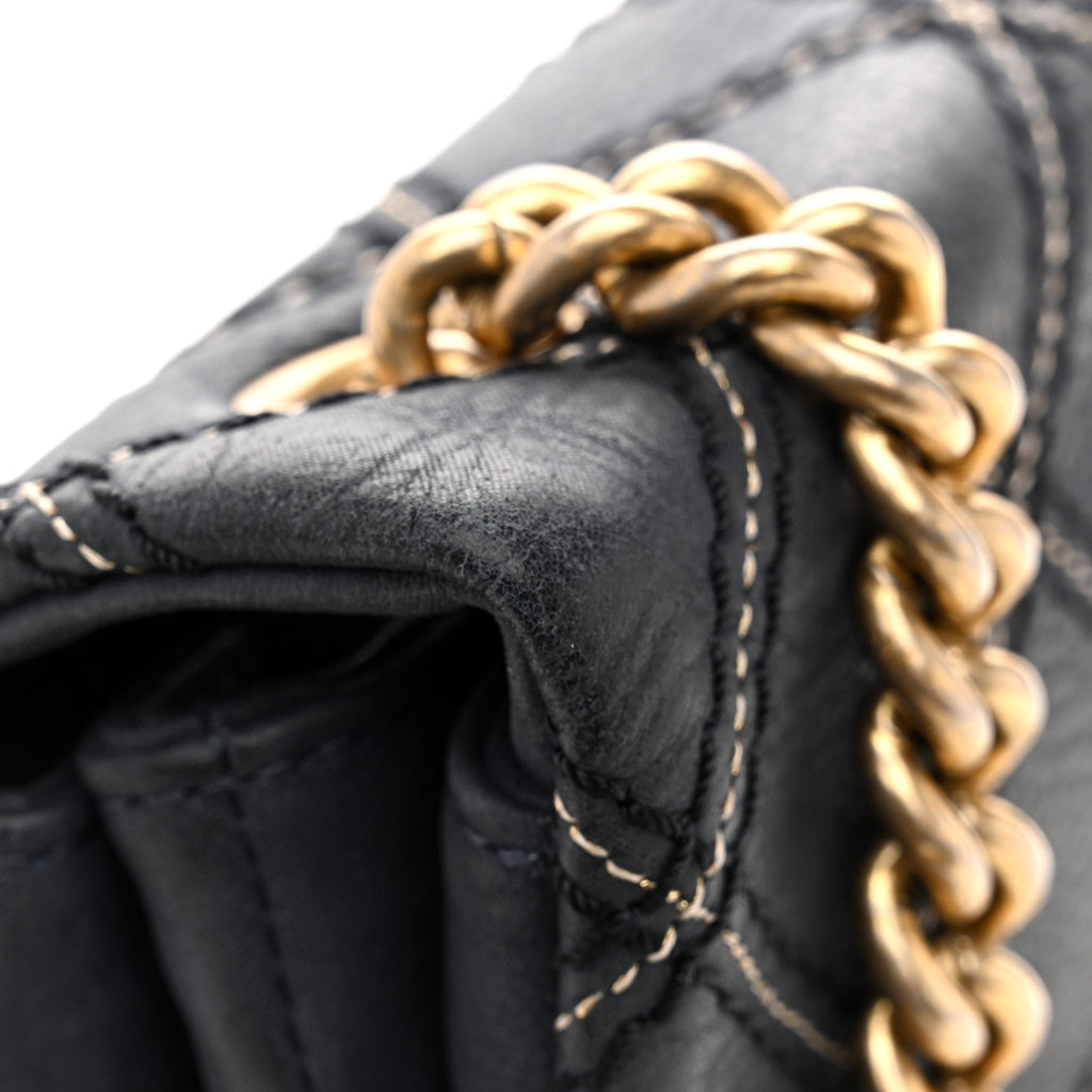 Iridescent Calfskin Triple Stitched Medium Flap Navy