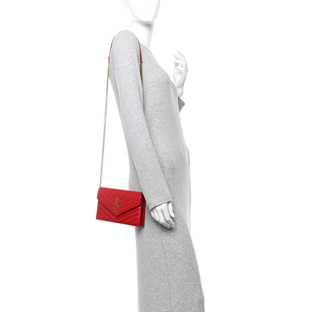 Grain De Poudre Matelasse Chevron Monogram Envelope Chain Wallet New Red