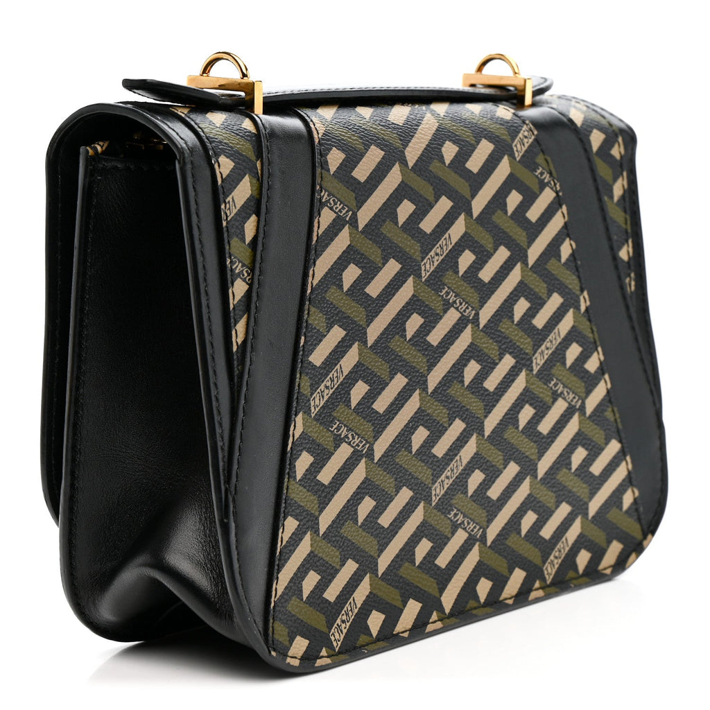 Coated Canvas La Greca Signature Print Virtus Top Handle Shoulder Bag Black Khaki