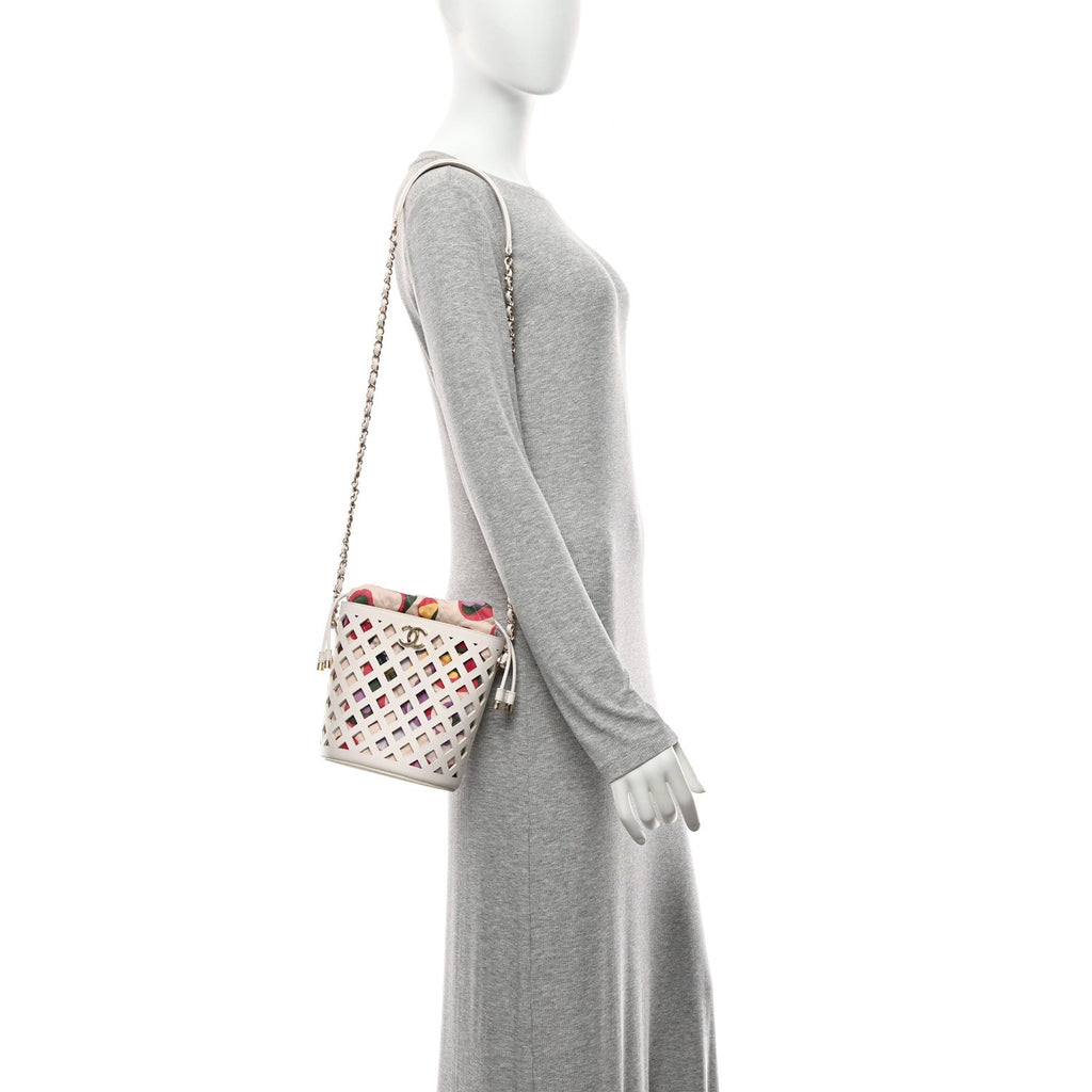 Lambskin Sea Through Bucket Drawstring Bag White Multicolor