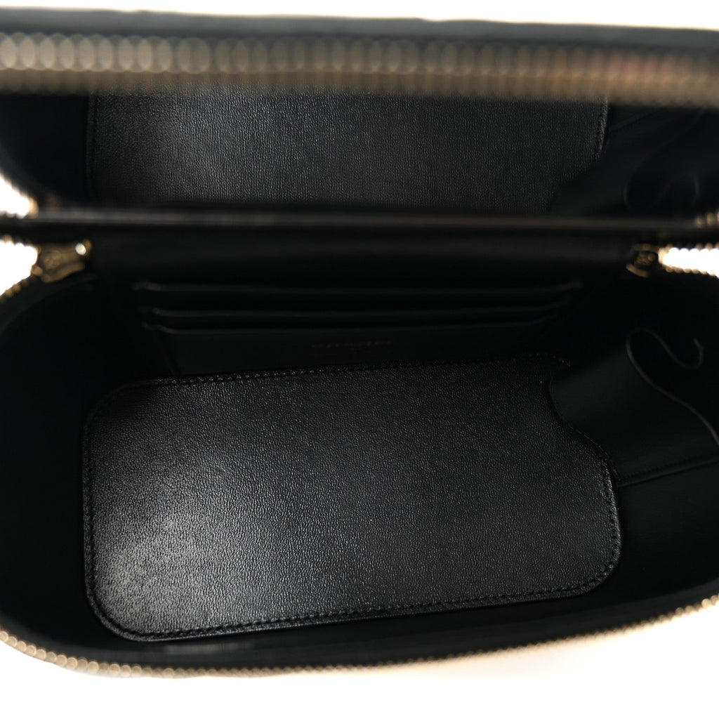 Lambskin Quilted Metal Small Top Handle Vanity Case With Chain Black