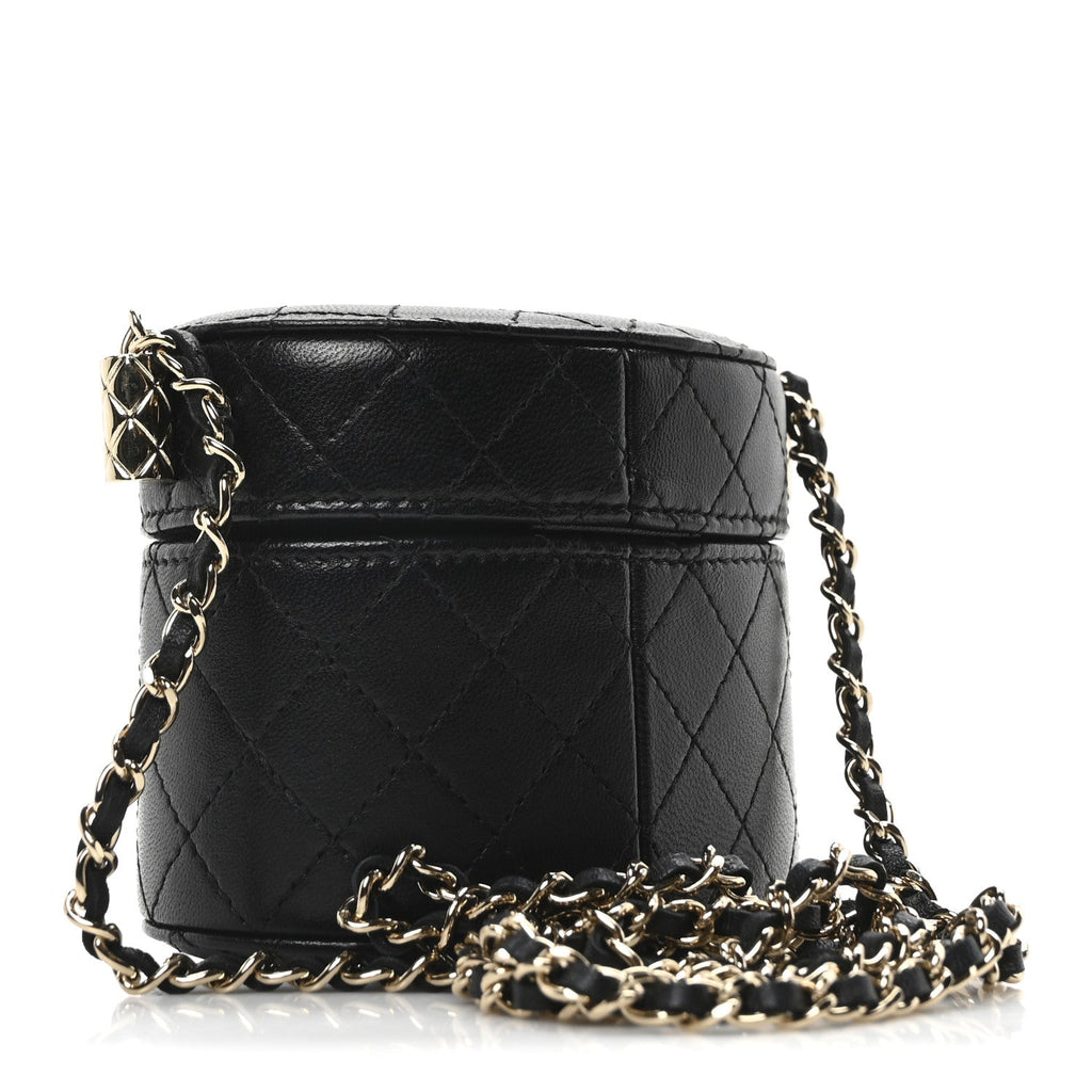 Lambskin Quilted Mini Round Vanity Case With Chain Black