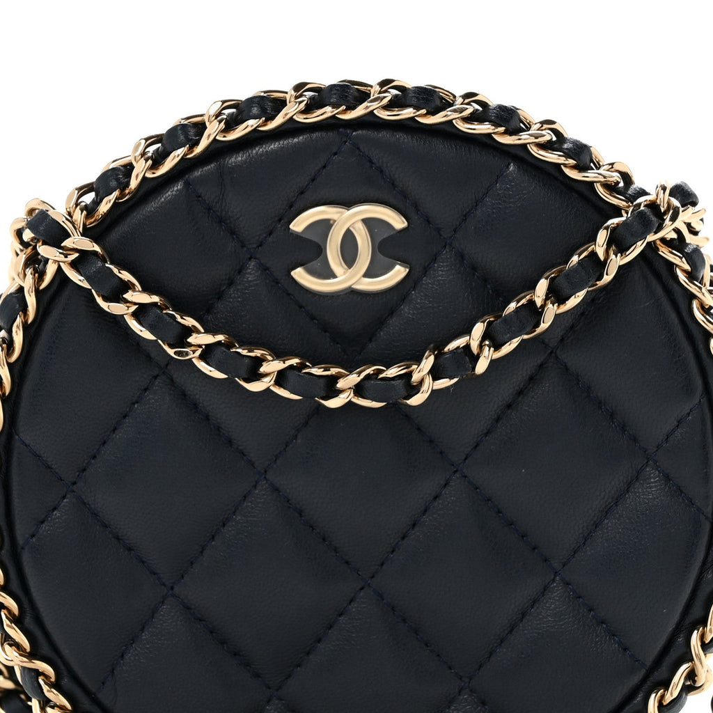Lambskin Quilted Chain Around CC Round Clutch With Chain Navy