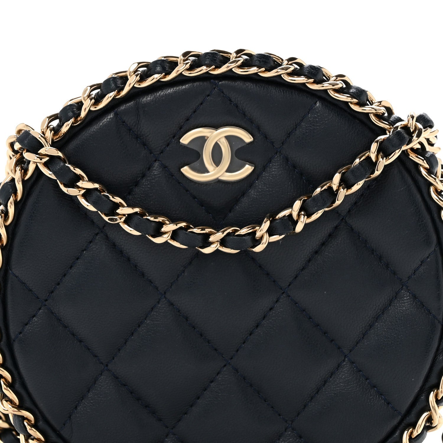 Lambskin Quilted Chain Around CC Round Clutch With Chain Navy