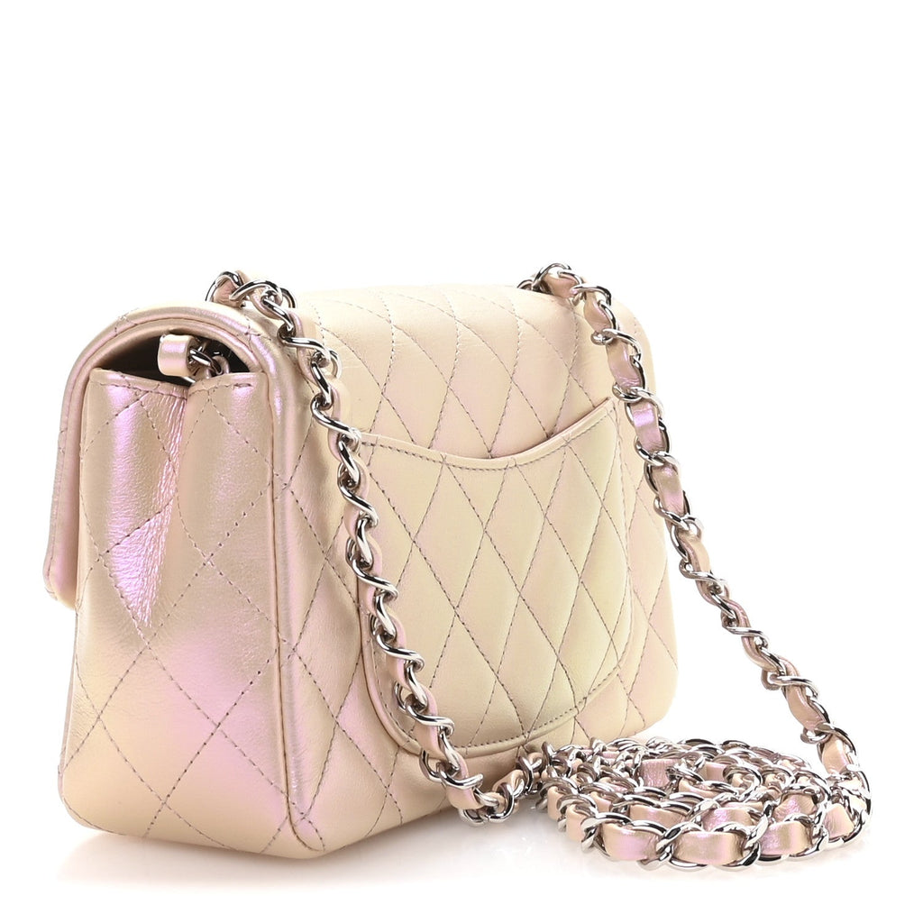 Iridescent Calfskin Quilted Mini Rectangular Flap Pink