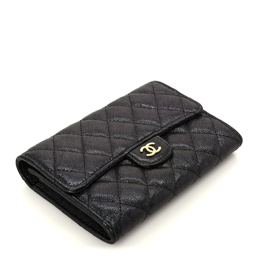 Iridescent Caviar Quilted Medium Flap Wallet Black