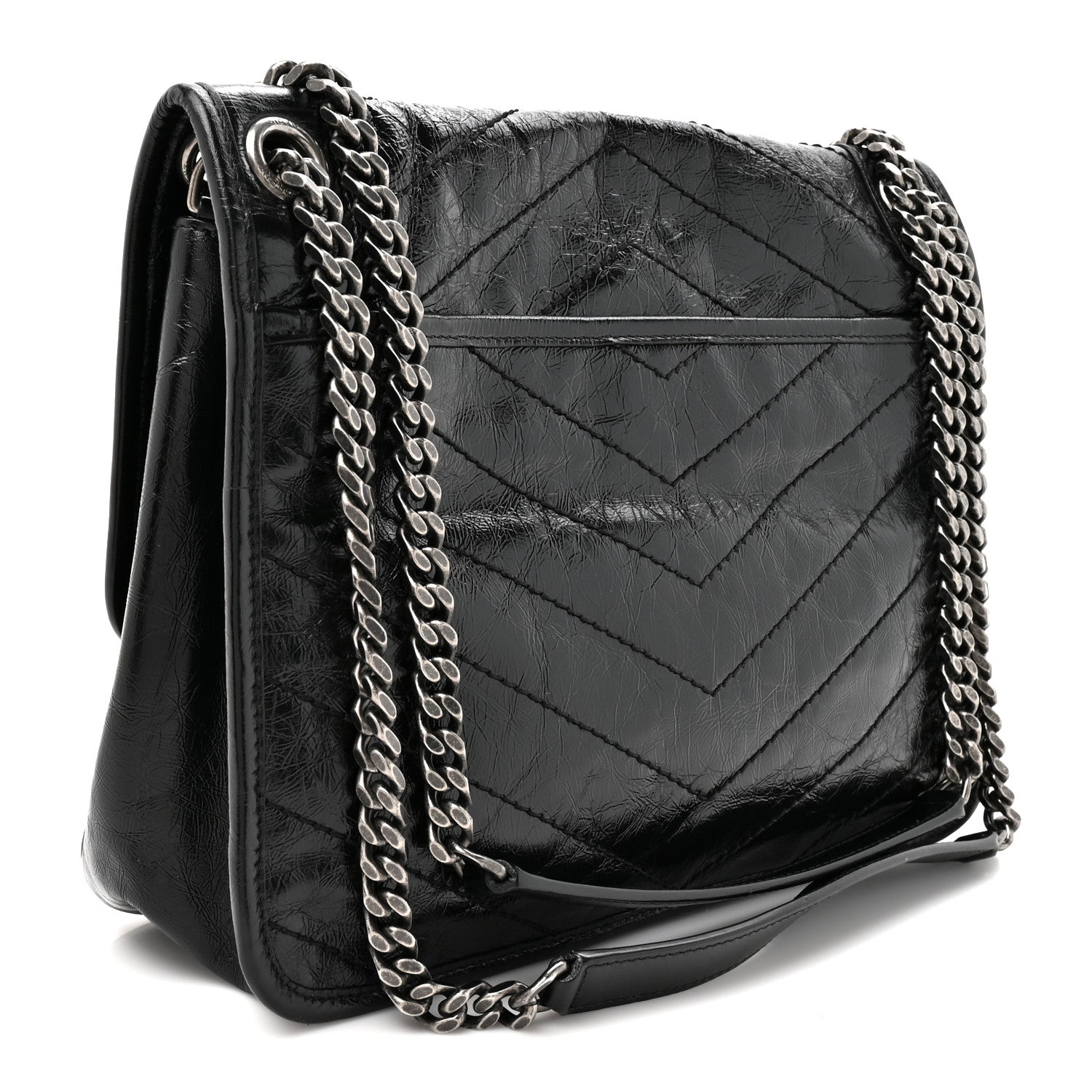 Crinkled Calfskin Matelasse Monogram Medium Niki Chain Satchel Black