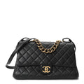 Shiny Sheepskin Quilted Large Trapezio Flap Black