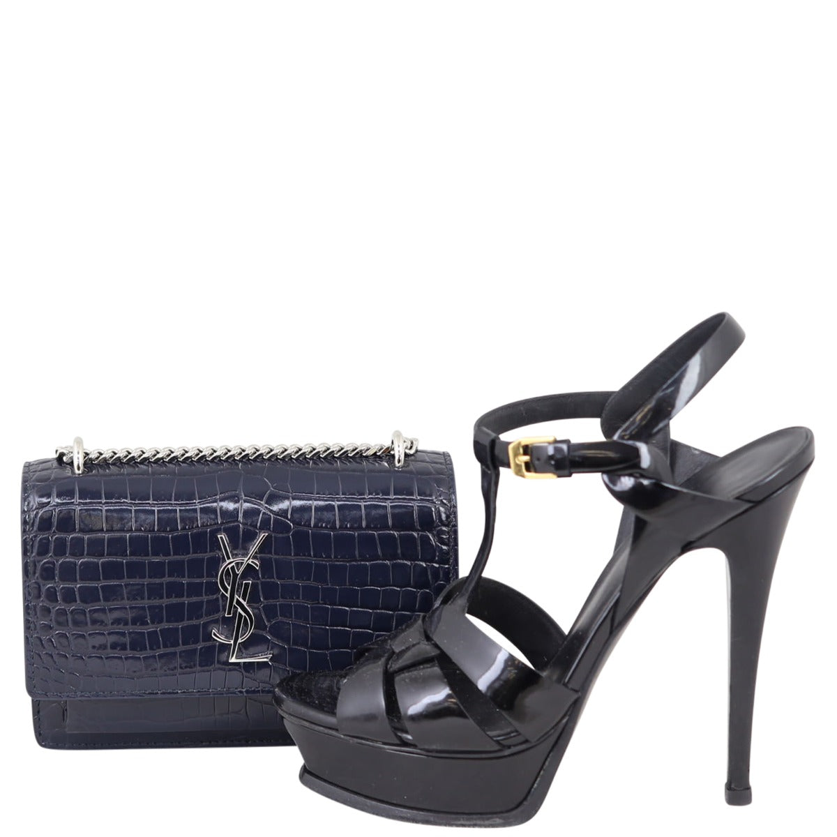 Saint Laurent Sunset Chain Wallet Croc-Embossed
