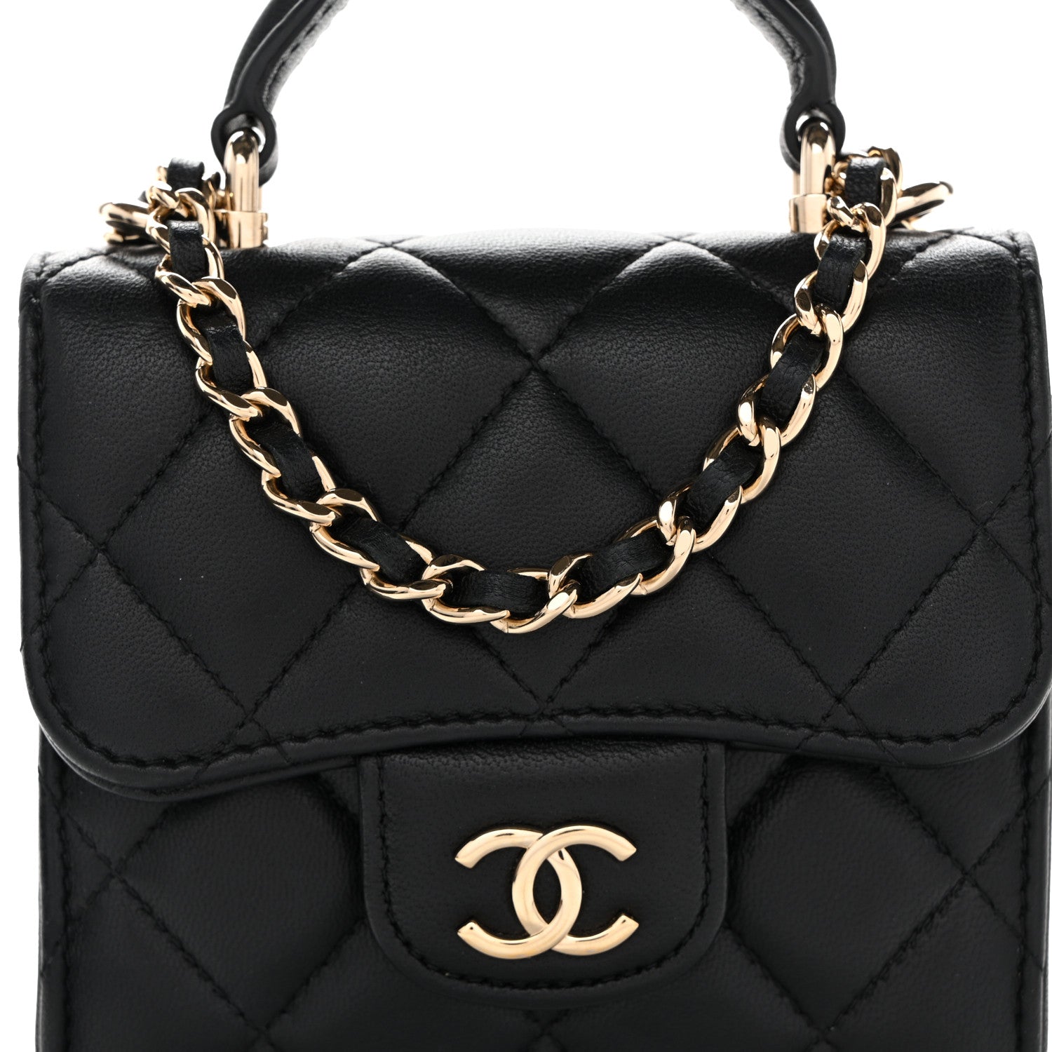 Lambskin Quilted Top Handle Flap Clutch With Chain Black