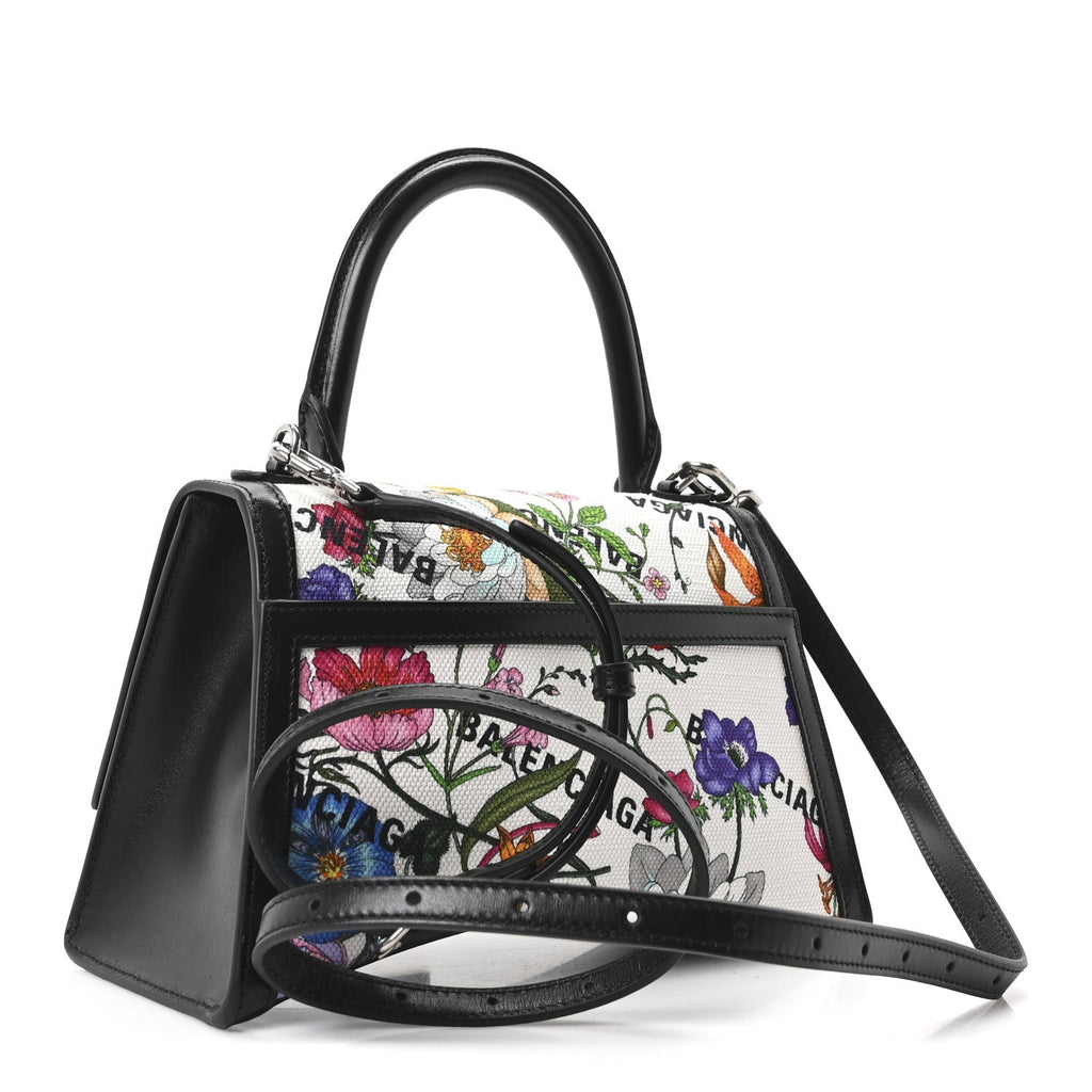 X GUCCI Canvas Boarded Plutone Calfskin Flora Logo Print Small Hourglass Top Handle Bag White Multicolor Black