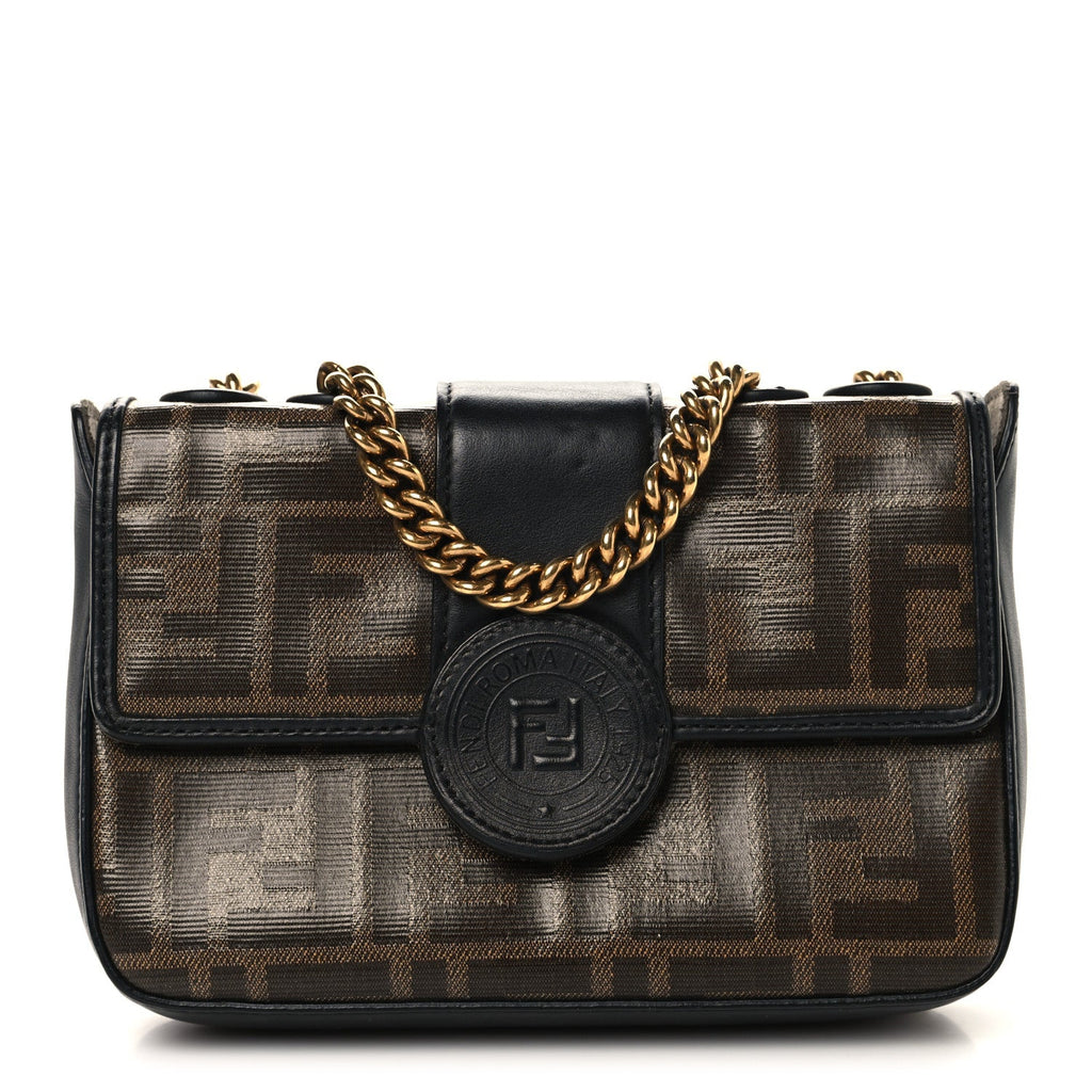 Glazed Fabric Vitello Century FF 1974 Stamp Patch Mini Double F Crossbody Bag Mogano Panna Black