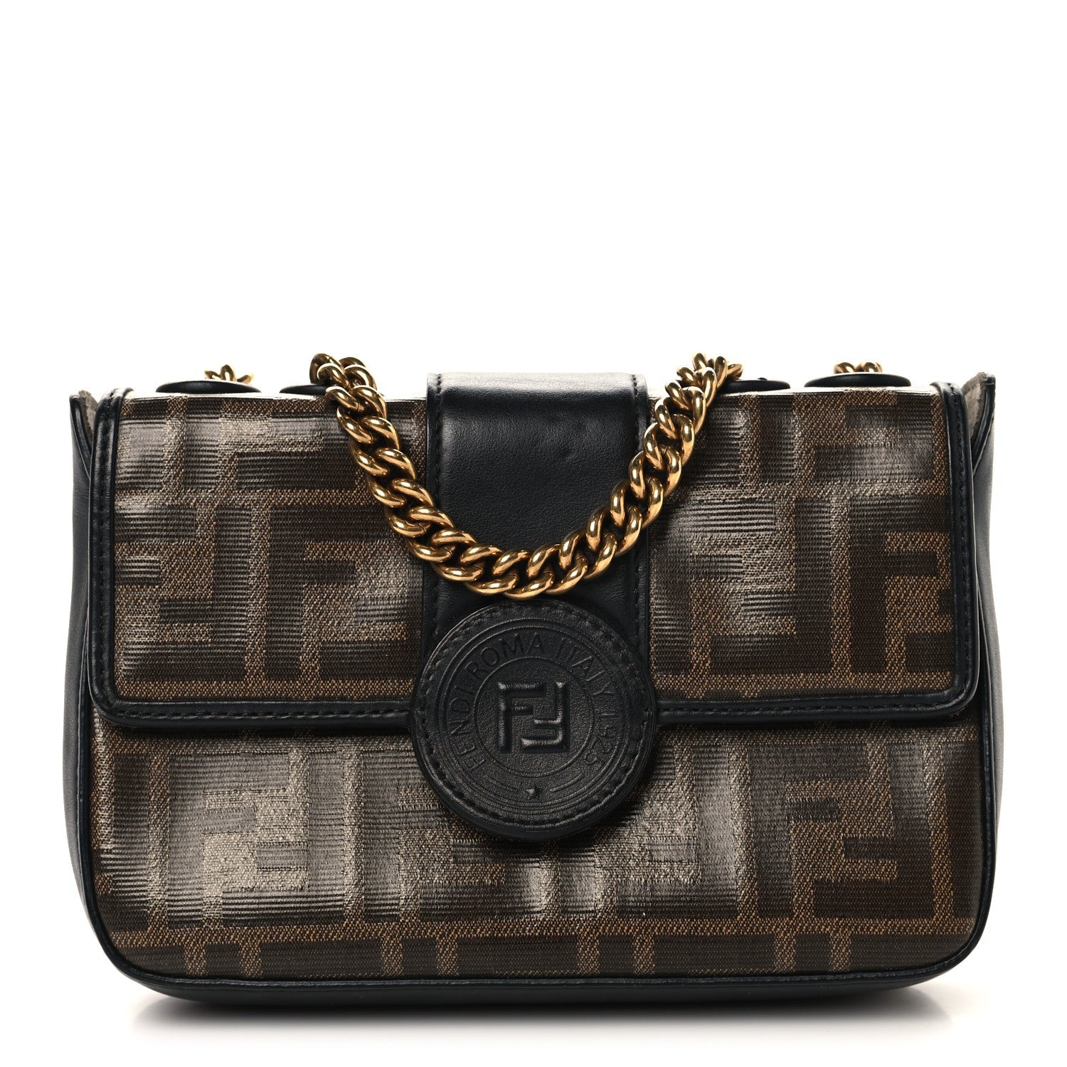 Glazed Fabric Vitello Century FF 1974 Stamp Patch Mini Double F Crossbody Bag Mogano Panna Black