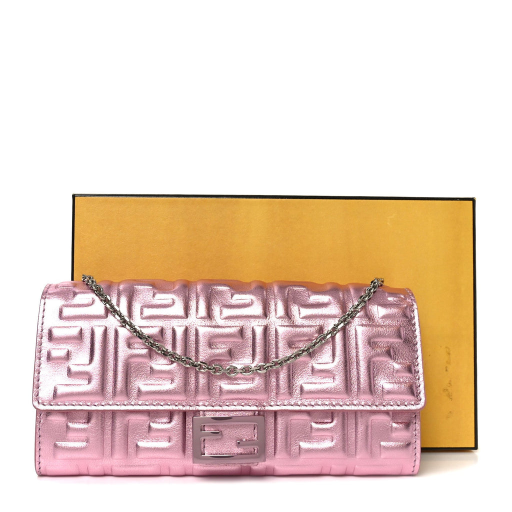 Vitello Catalan Mirror FF 1974 Embossed Continental Wallet on Chain Rosa