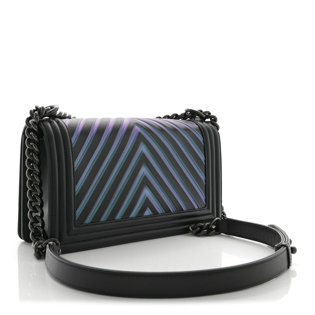 Calfskin Painted Chevron Embossed Medium Boy Flap Black
