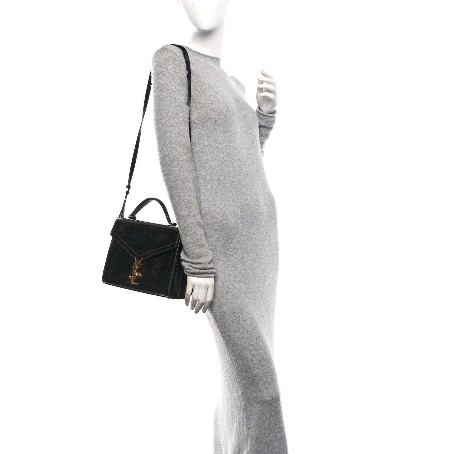 Calfskin Crocodile Embossed Medium Classic Monogram Cassandra Top Handle Black