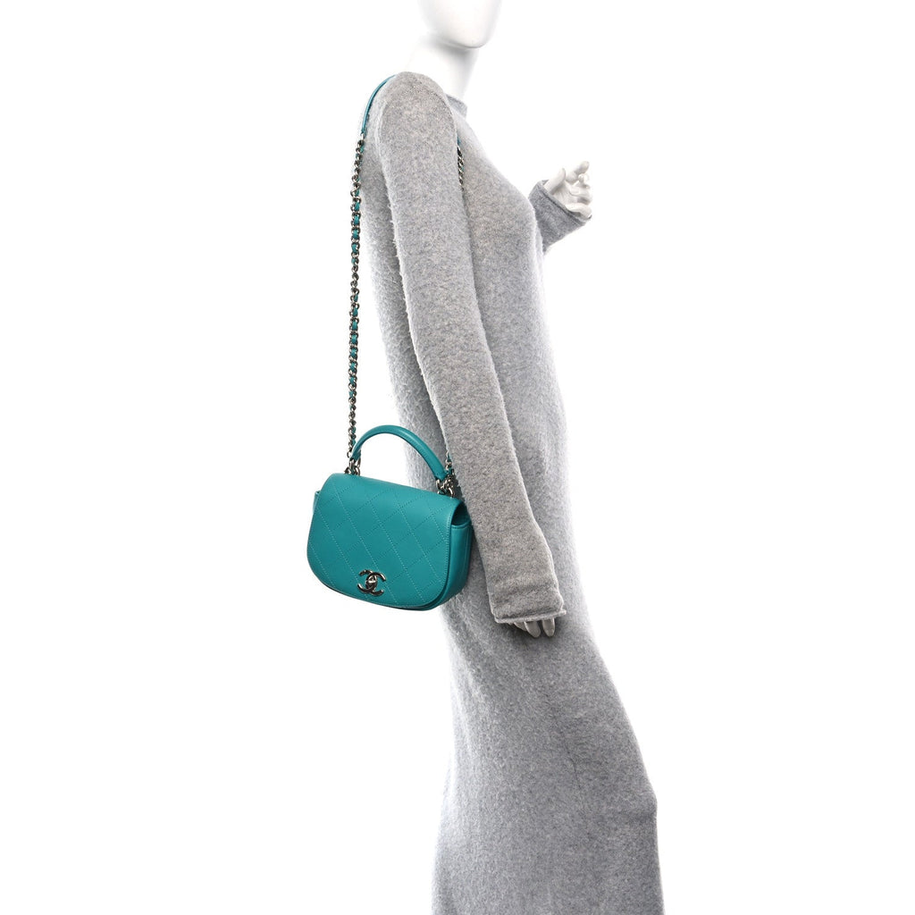 Calfskin Stitched Small Ring My Bag Flap Crossbody Turquoise
