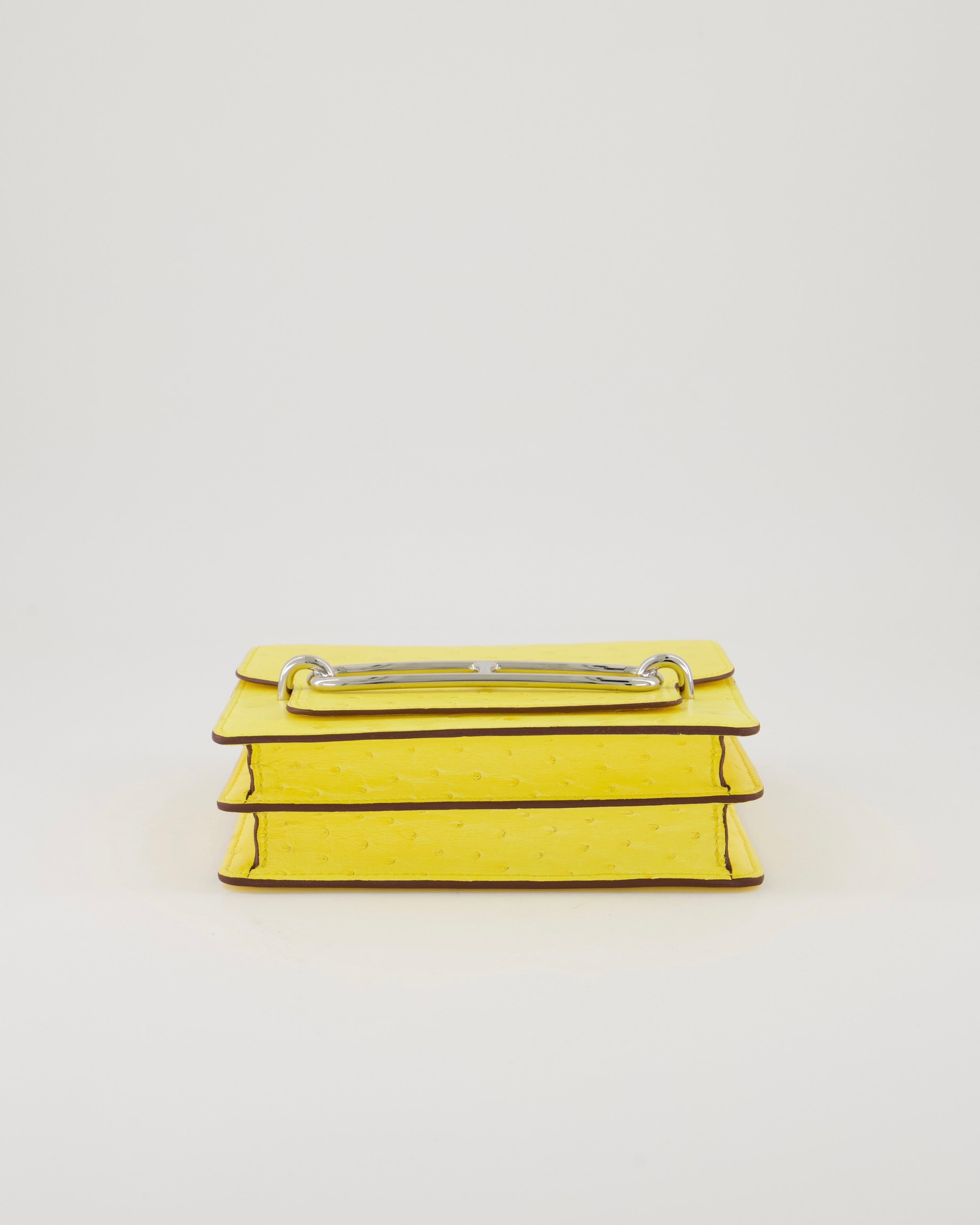 Hermès Mini Roulis 18 in Jaune Citron Ostrich Leather with Palladium Hardware